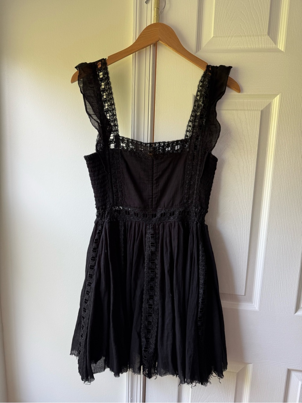 Free People One Verona Dress M Black Sheer Lace Trim Ruffle Whimsigoth Mini - Picture 4 of 10